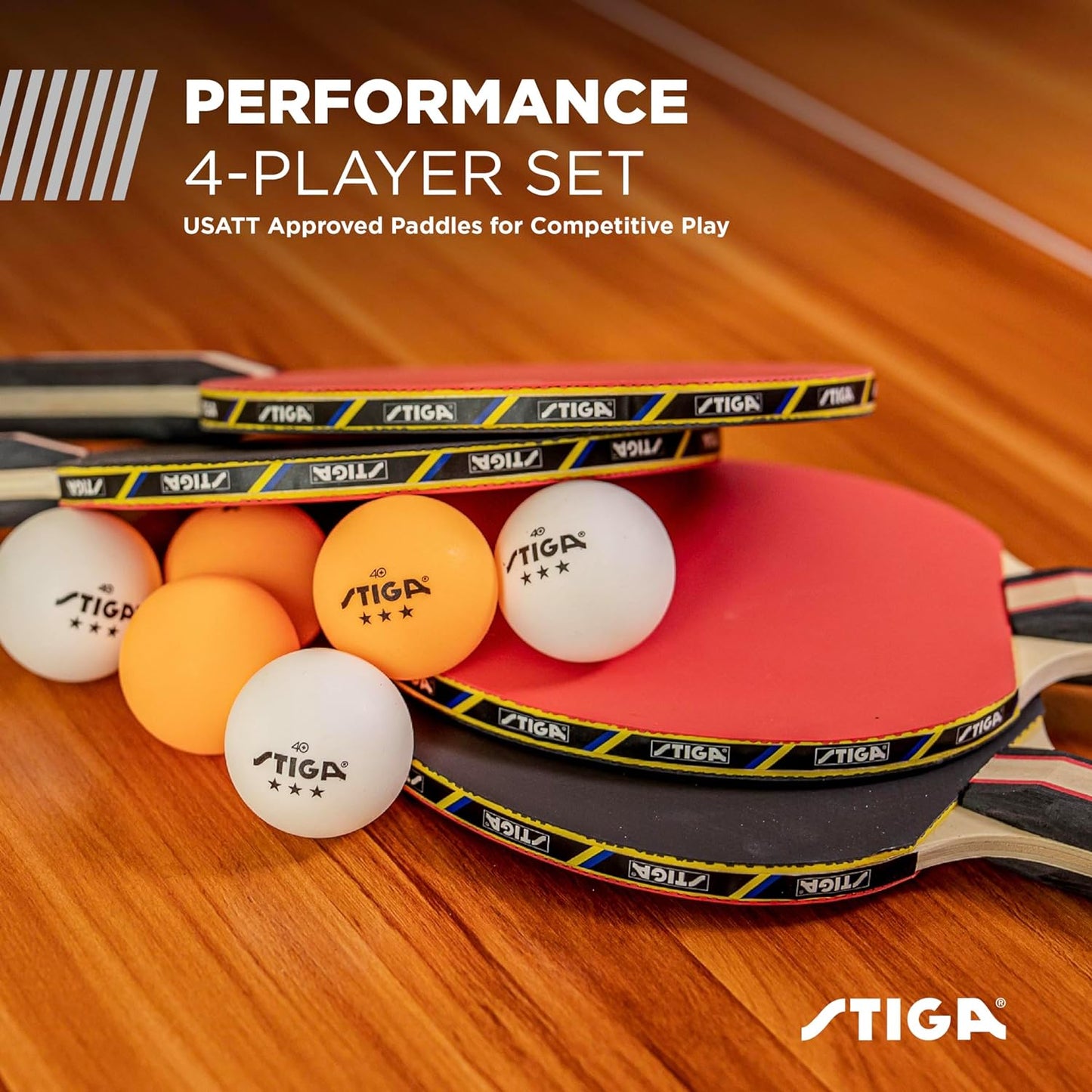 Performance Table Tennis Paddle Set for 4 Players with 6 Three-Star Orange and White Balls