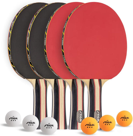 Performance Table Tennis Paddle Set for 4 Players with 6 Three-Star Orange and White Balls
